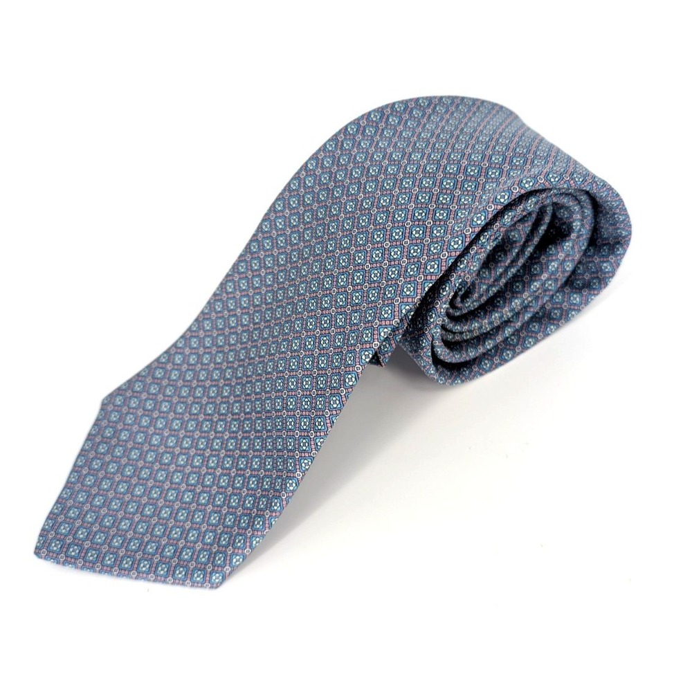 VTG Rooster Pink Blue Geometric Silk Tie USA Italian Fabric Preppy Heritage‎